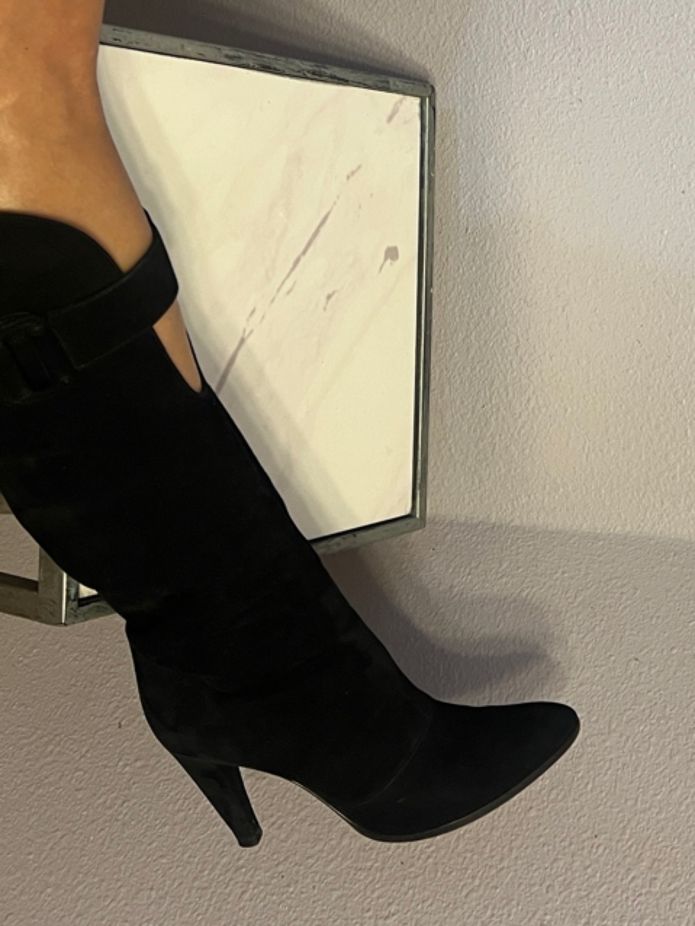 Sergio Rossi Black Suede Knee-High Buckle Heeled Boots. Made in Italy